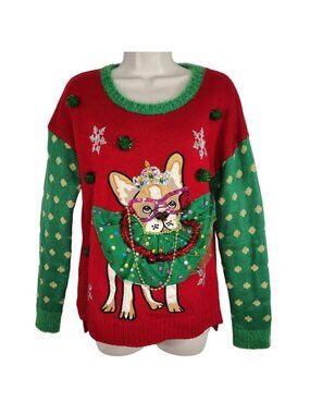 United States Sweaters Red Green Dog Embellished Ugly Christmas Sweater Size S